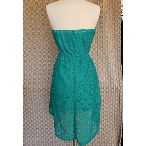 Women's Strapless Dress Lace Hollow Out Sexy High Low Mini Teal Dress Medium NWO - Picture 7 of 9
